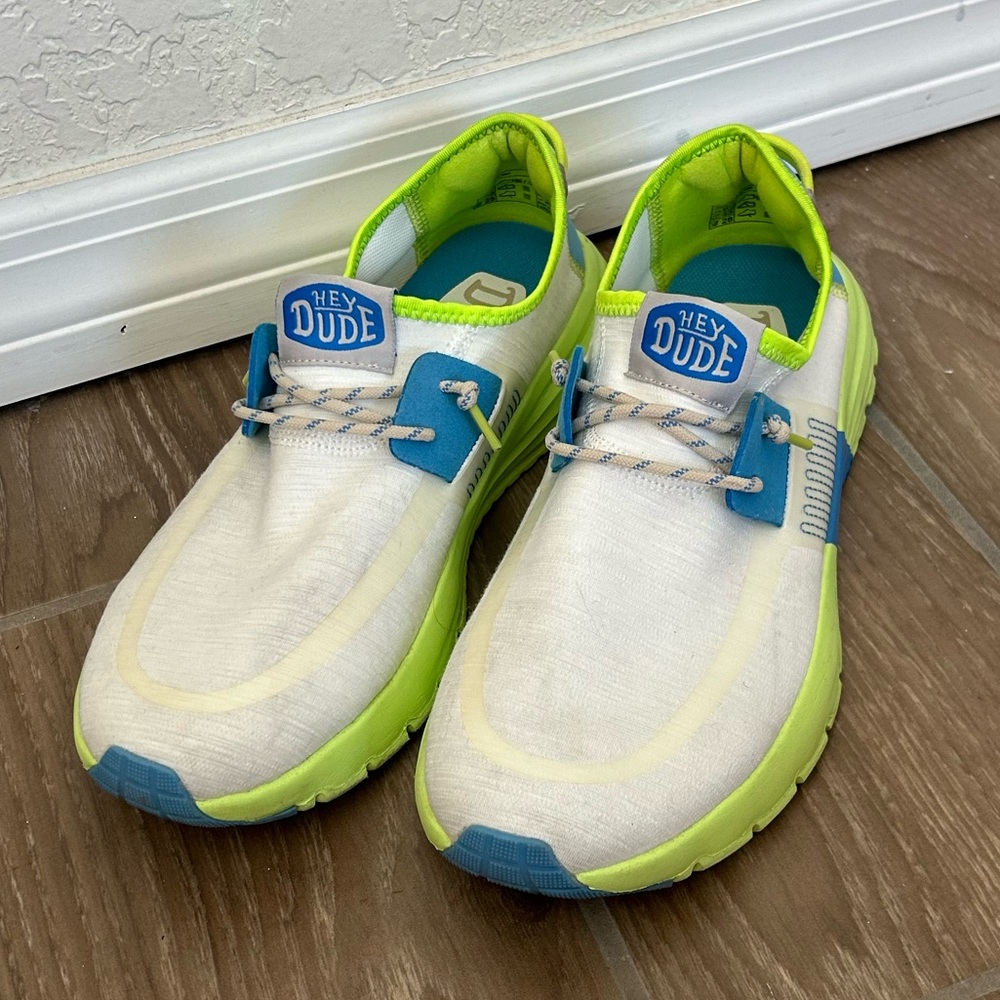 Hey Dude White and Blue Shoes with Green Accents - Picture 2 of 5